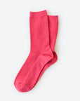 Hooray Sock Co.'s Fuchsia Crew Socks: Everyday Cotton comfort with fetching Fuchsia flair. Crew length, 80% cotton, 20% spandex. Made in South Korea. Unisex. Small (Women's 4-10).