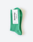 Hooray Sock Co.'s Moss Crew Socks: Verdant vibe in cozy cotton. Shorter crew length. 80% cotton, 20% spandex. Made in South Korea. Small (Women's 4-10).