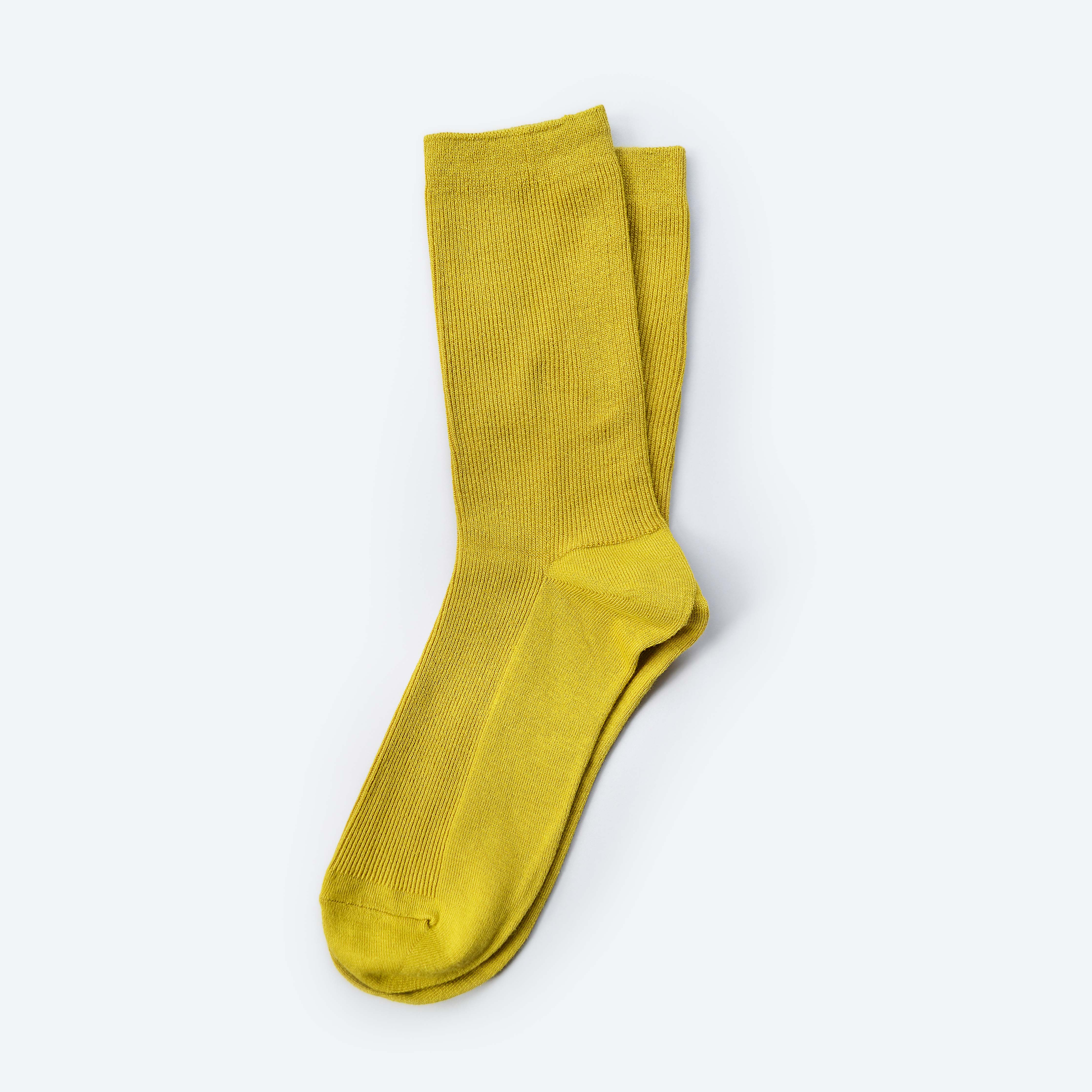 Hooray Sock Co.&#39;s Munsell Crew Socks: Vibrant style in bright Green Yellow. Shorter crew length. 80% cotton, 20% spandex. Made in South Korea. Small (Women&#39;s 4-10).
