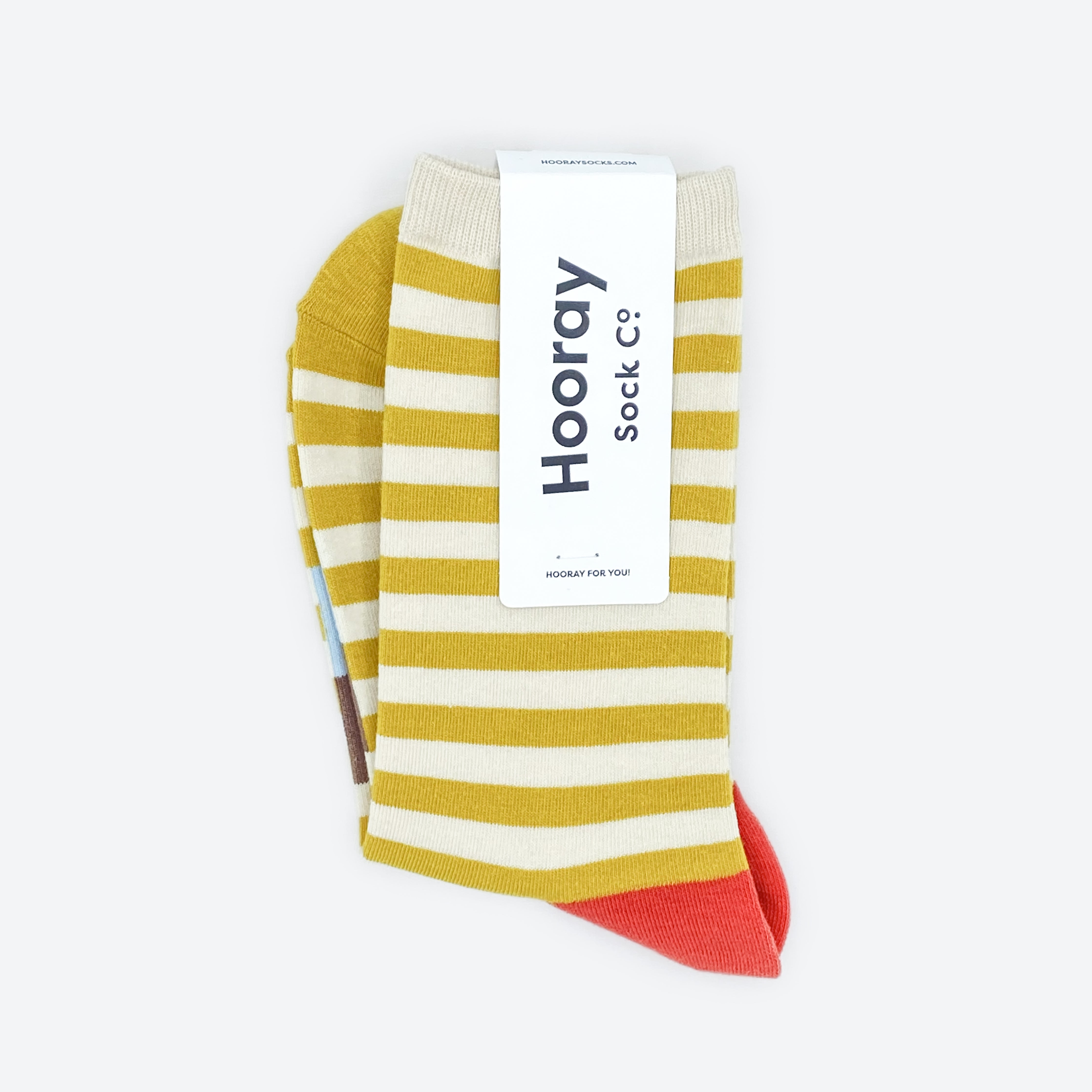 Hooray Sock Co.&#39;s Eureka Crew Socks: Best-selling, Lightweight, Comfy, Golden stripes, Hot red heels. Crew length, 80% cotton, 20% spandex. Made in South Korea. Unisex. 