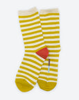 Hooray Sock Co.'s Eureka Crew Socks: Best-selling, Lightweight, Comfy, Golden stripes, Hot red heels. Crew length, 80% cotton, 20% spandex. Made in South Korea. Unisex. 