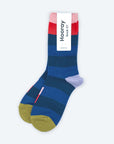 Hooray Sock Co.'s Fillmore Crew Socks: Lightweight & Comfy. Bold blue stripes & signature bars. Crew-length. 80% cotton, 20% spandex. Unisex. Made in South Korea. Large (Men's 8-12) Small (Women's 4-10).