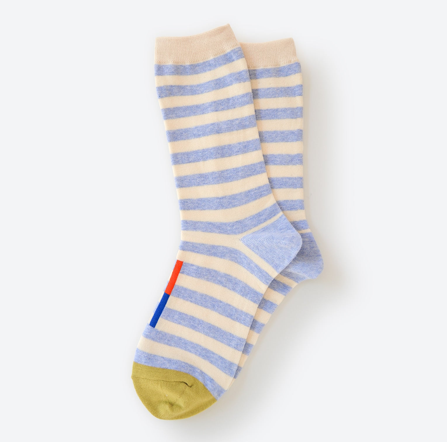 Hooray Sock Co.&#39;s Greenwich Crew Socks: Lightweight, Cozy crew socks. Classic light blue &amp; white stripes. Crew length. 80% cotton, 20% spandex. Made in South Korea. Unisex. Large (Men&#39;s 8-12) Small (Women&#39;s 4-10).