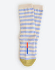Hooray Sock Co.'s Greenwich Crew Socks: Lightweight, Cozy crew socks. Classic light blue & white stripes. Crew length. 80% cotton, 20% spandex. Made in South Korea. Unisex. Large (Men's 8-12) Small (Women's 4-10).