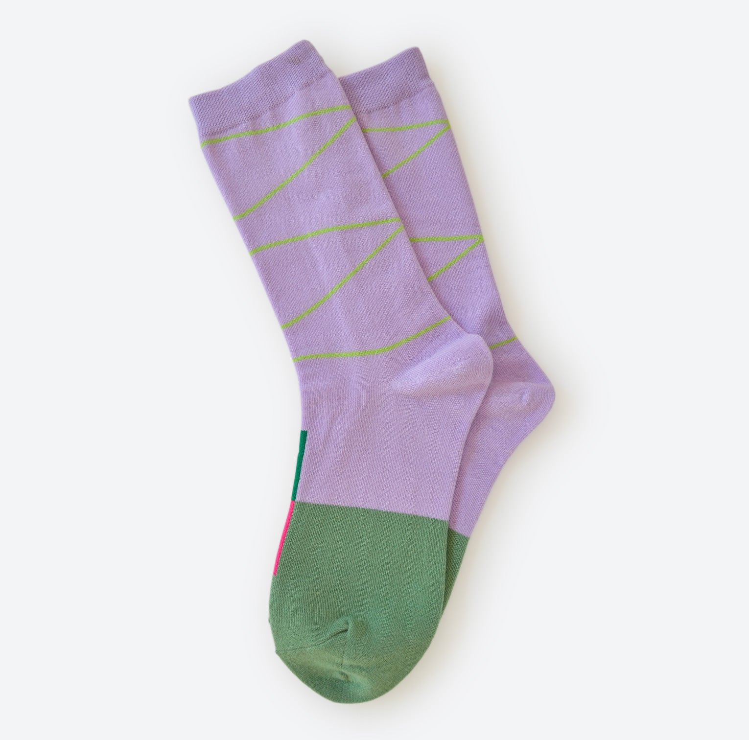 Hooray Sock Co.&#39;s Hyde Crew Socks: Style soaring with vibrant purple and green pop. Luxe comfort, crew length. 80% cotton, 20% spandex. Made in South Korea. Unisex. Small (Women&#39;s 4-10).