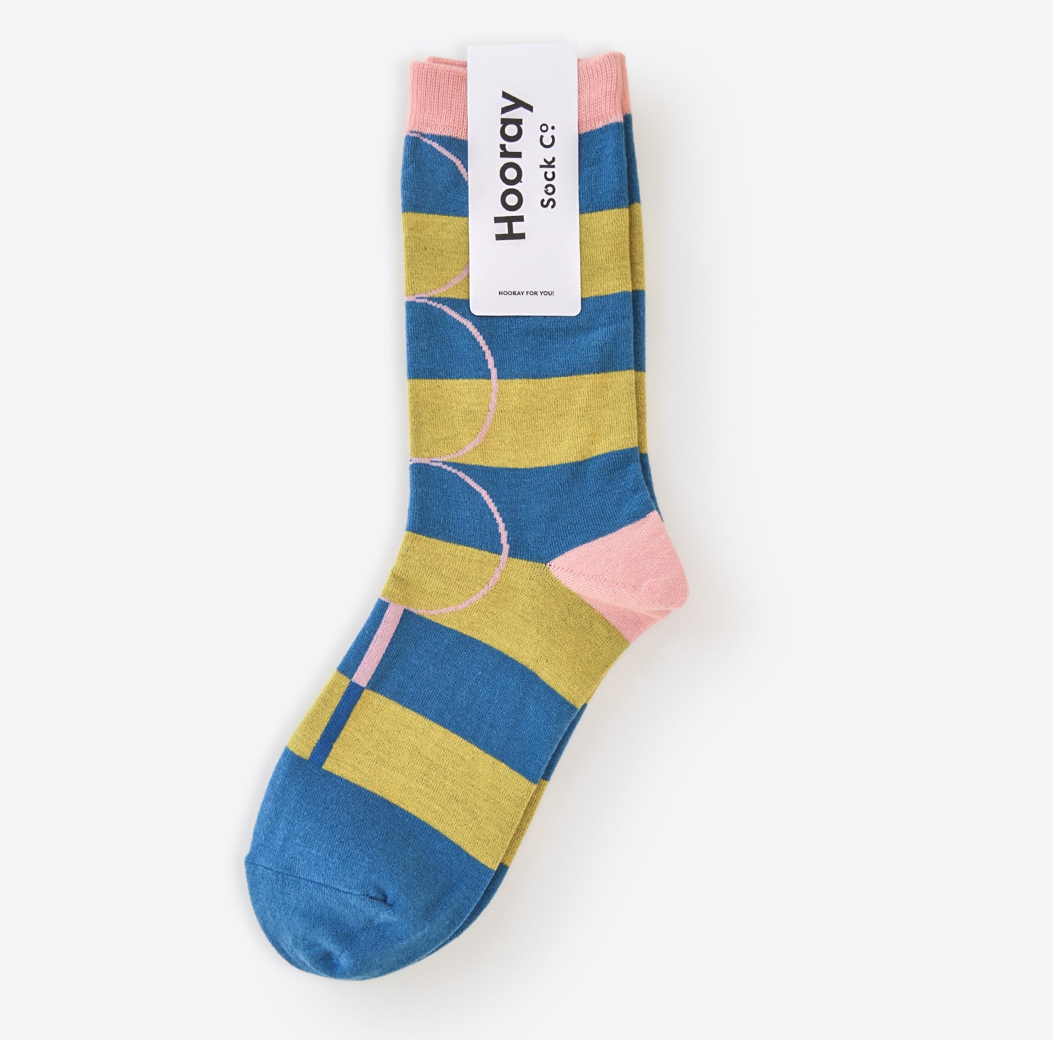 Hooray Sock Co. Polk Blue and Green Stripe Crew Socks. Groovy striped design with big circles. Crew length, 80% cotton, 20% spandex. Sizes: Large (US men’s 8-12), Small (US women&#39;s 4-10). 