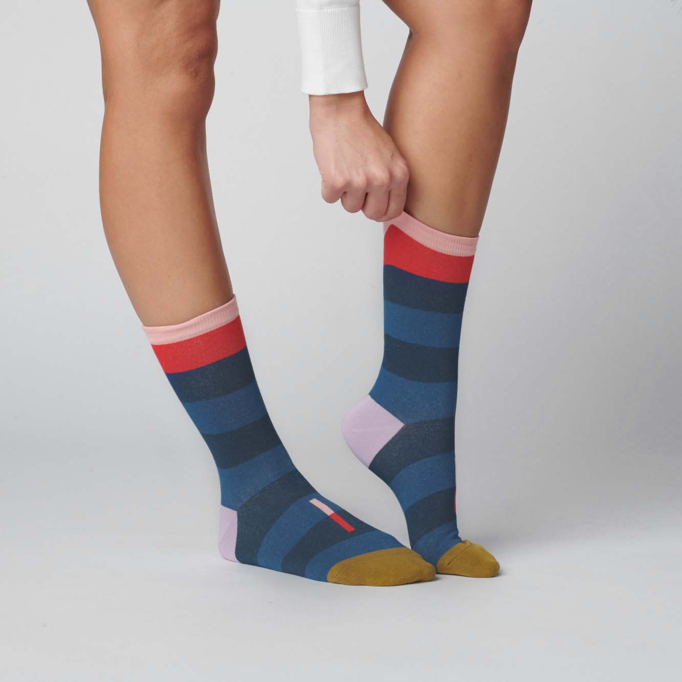 Hooray Sock Co.&#39;s Fillmore Crew Socks: Lightweight &amp; Comfy. Bold blue stripes &amp; signature bars. Crew-length. 80% cotton, 20% spandex. Unisex. Made in South Korea. Large (Men&#39;s 8-12) Small (Women&#39;s 4-10).