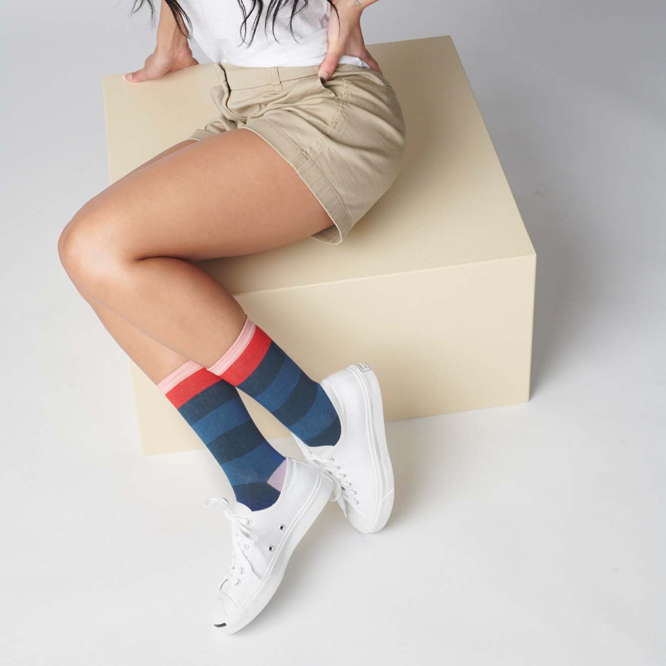Hooray Sock Co.'s Fillmore Crew Socks: Lightweight & Comfy. Bold blue stripes & signature bars. Crew-length. 80% cotton, 20% spandex. Unisex. Made in South Korea. Large (Men's 8-12) Small (Women's 4-10).