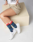 Hooray Sock Co.'s Fillmore Crew Socks: Lightweight & Comfy. Bold blue stripes & signature bars. Crew-length. 80% cotton, 20% spandex. Unisex. Made in South Korea. Large (Men's 8-12) Small (Women's 4-10).