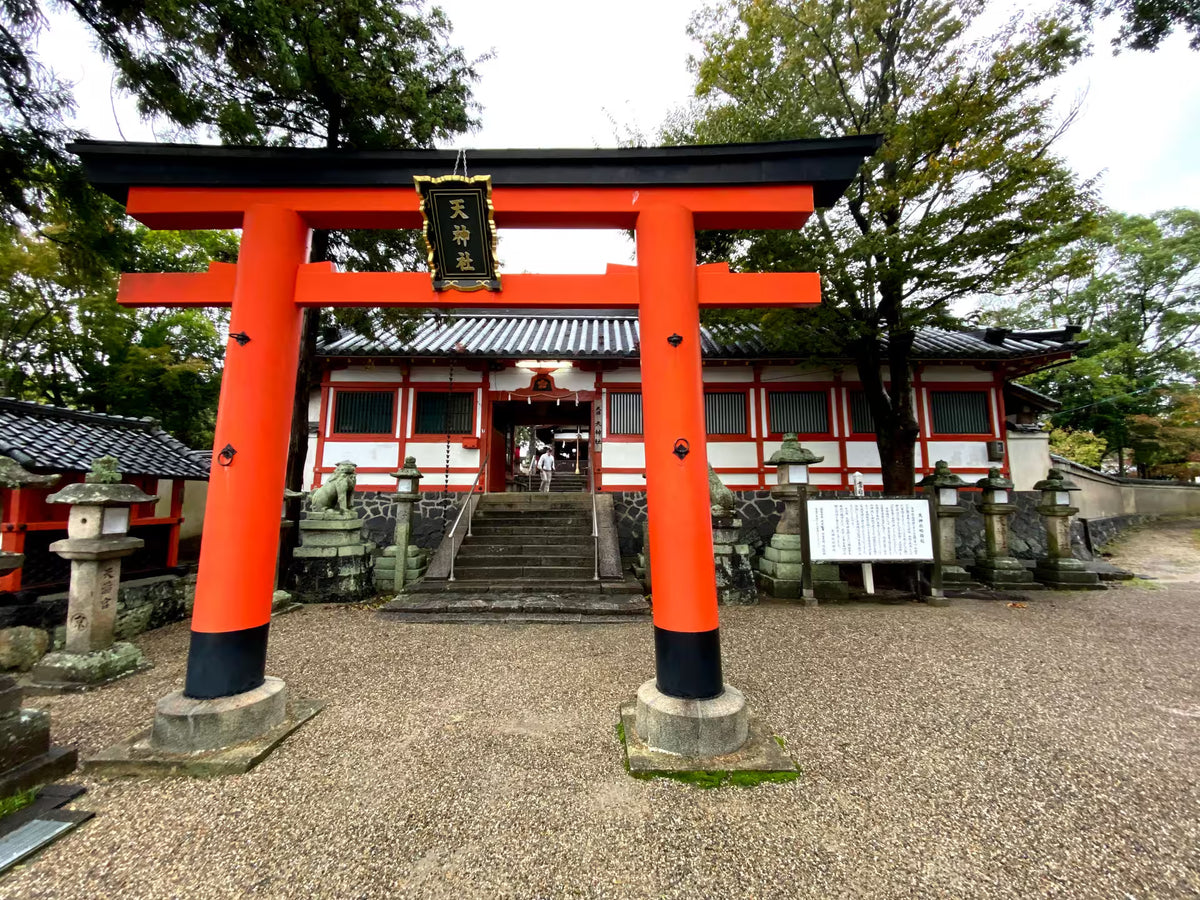 2019 Hooray Sock Co. trip to Nara, Japan showing a traditional Japanese torii gate in bright red with black accents stands at the entrance of a shrine, with a white and red building, stone lanterns, and trees in the background.
