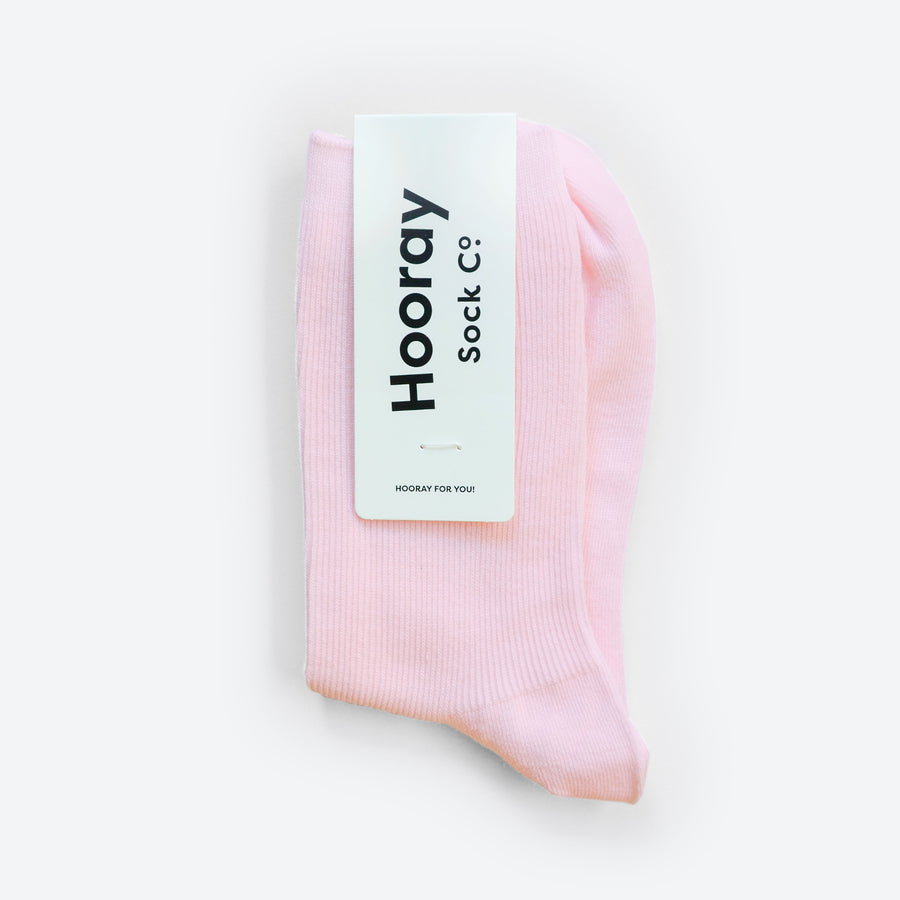 Hooray Sock Co.'s Everyday Pink Cotton Socks: Comfy, colorful, and unisex. 80% cotton, 20% spandex. Machine washable. Made in South Korea. Fits US women's shoe sizes 4-10.