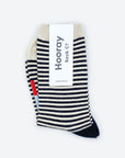 Hooray Sock Co.'s Cole Crew Socks: Classic black & off-white stripes, 80% cotton/20% spandex blend. Men's (8-12) & women's (4-10) sizes.