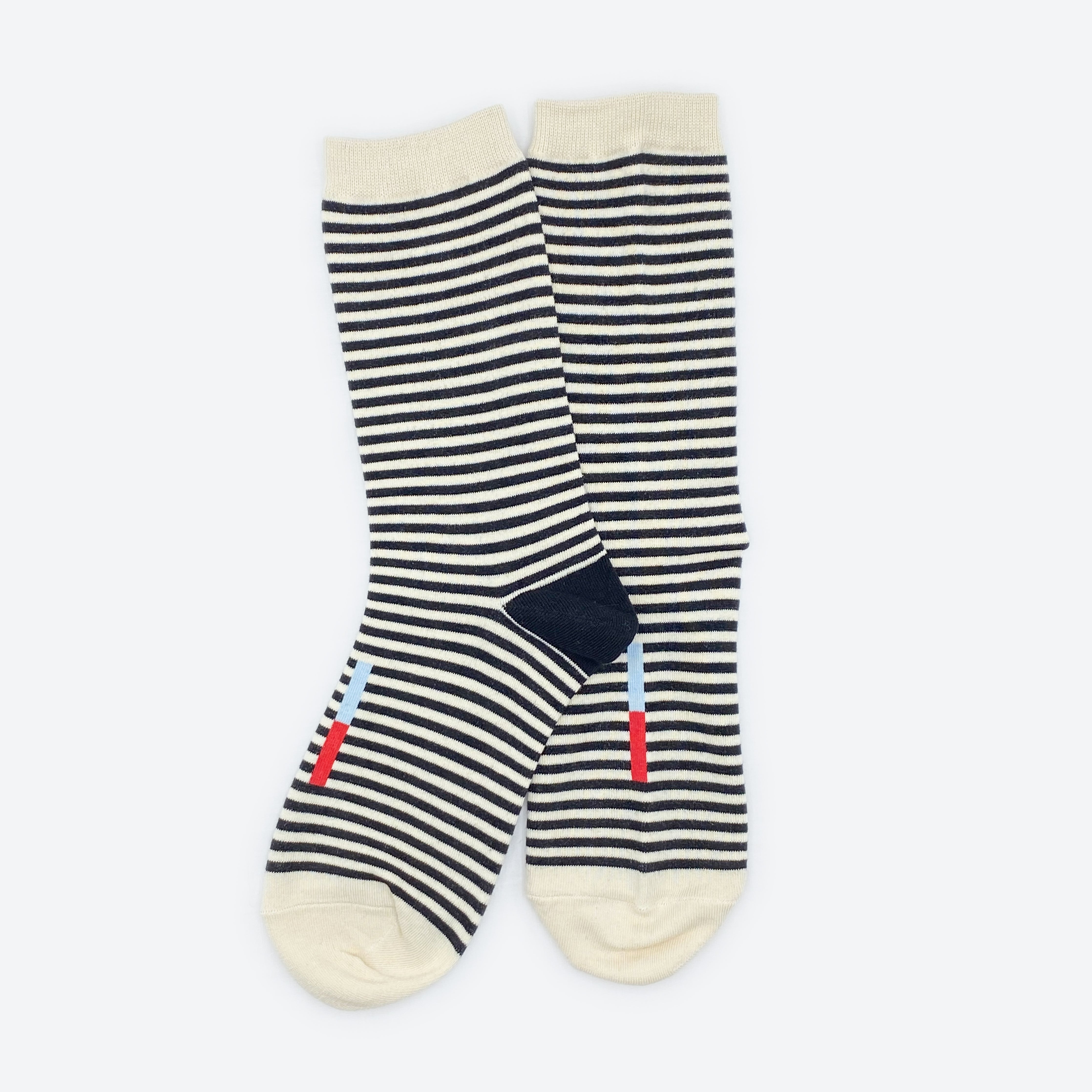 Hooray Sock Co.&#39;s Cole Crew Socks: Classic black &amp; off-white stripes, 80% cotton/20% spandex blend. Men&#39;s (8-12) &amp; women&#39;s (4-10) sizes.