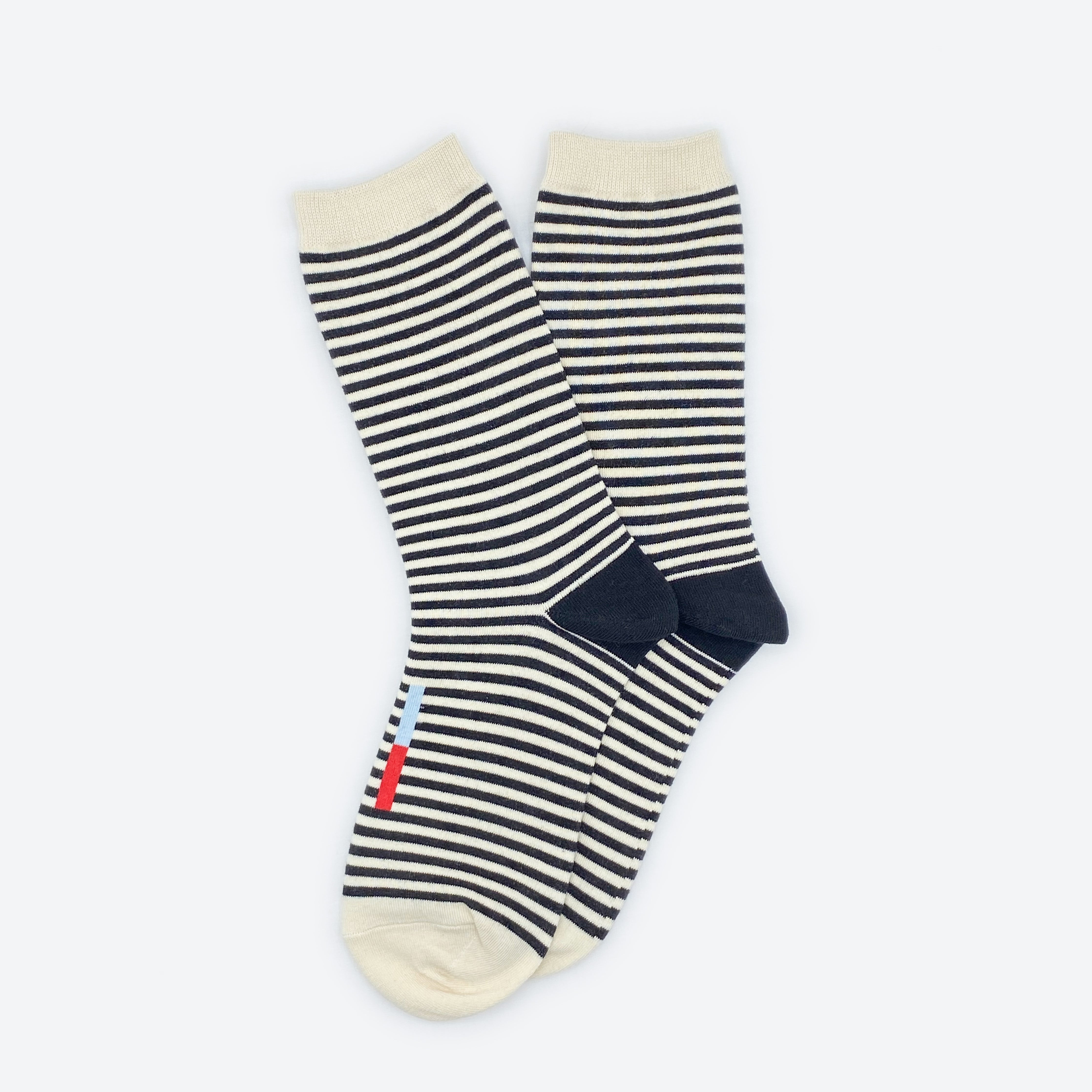 Hooray Sock Co.&#39;s Cole Crew Socks: Classic black &amp; off-white stripes, 80% cotton/20% spandex blend. Men&#39;s (8-12) &amp; women&#39;s (4-10) sizes.