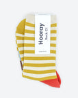 Hooray Sock Co.'s Eureka Crew Socks: Best-selling, Lightweight, Comfy, Golden stripes, Hot red heels. Crew length, 80% cotton, 20% spandex. Made in South Korea. Unisex. 