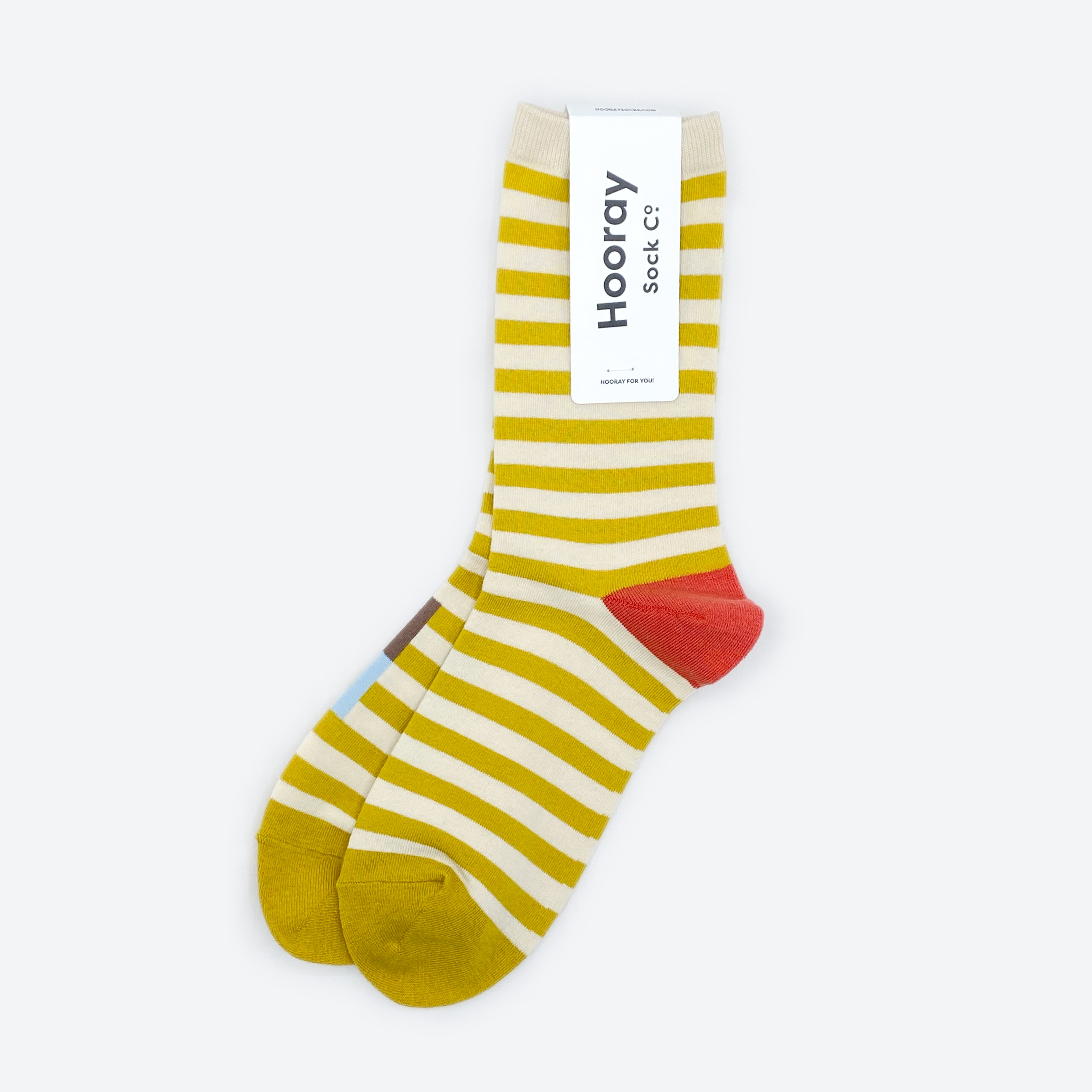 Hooray Sock Co.'s Eureka Crew Socks: Best-selling, Lightweight, Comfy, Golden stripes, Hot red heels. Crew length, 80% cotton, 20% spandex. Made in South Korea. Unisex. 