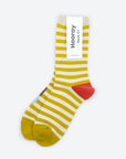 Hooray Sock Co.'s Eureka Crew Socks: Best-selling, Lightweight, Comfy, Golden stripes, Hot red heels. Crew length, 80% cotton, 20% spandex. Made in South Korea. Unisex. 