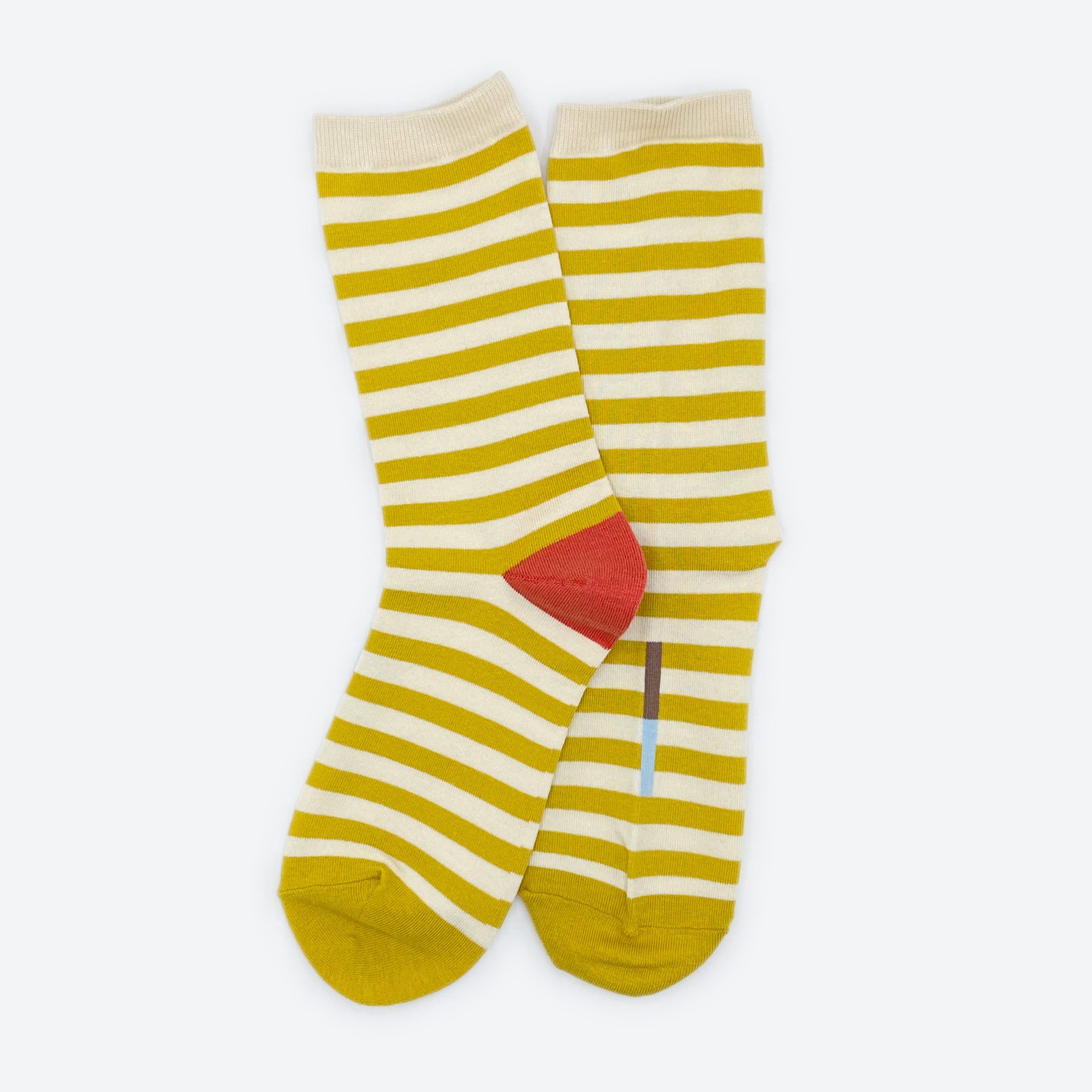 Hooray Sock Co.'s Eureka Crew Socks: Best-selling, Lightweight, Comfy, Golden stripes, Hot red heels. Crew length, 80% cotton, 20% spandex. Made in South Korea. Unisex. 