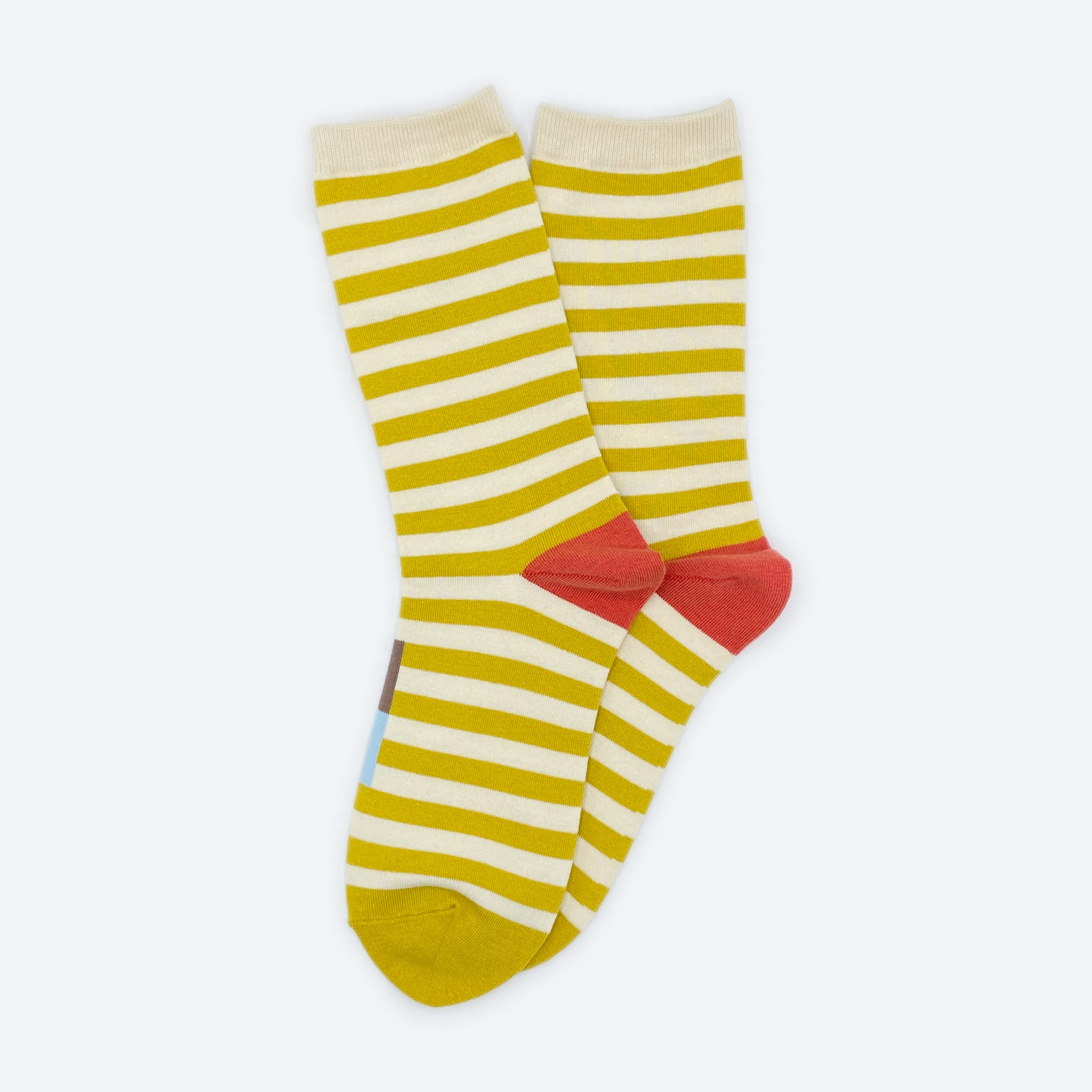 Hooray Sock Co.&#39;s Eureka Crew Socks: Best-selling, Lightweight, Comfy, Golden stripes, Hot red heels. Crew length, 80% cotton, 20% spandex. Made in South Korea. Unisex. 