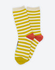 Hooray Sock Co.'s Eureka Crew Socks: Best-selling, Lightweight, Comfy, Golden stripes, Hot red heels. Crew length, 80% cotton, 20% spandex. Made in South Korea. Unisex. 