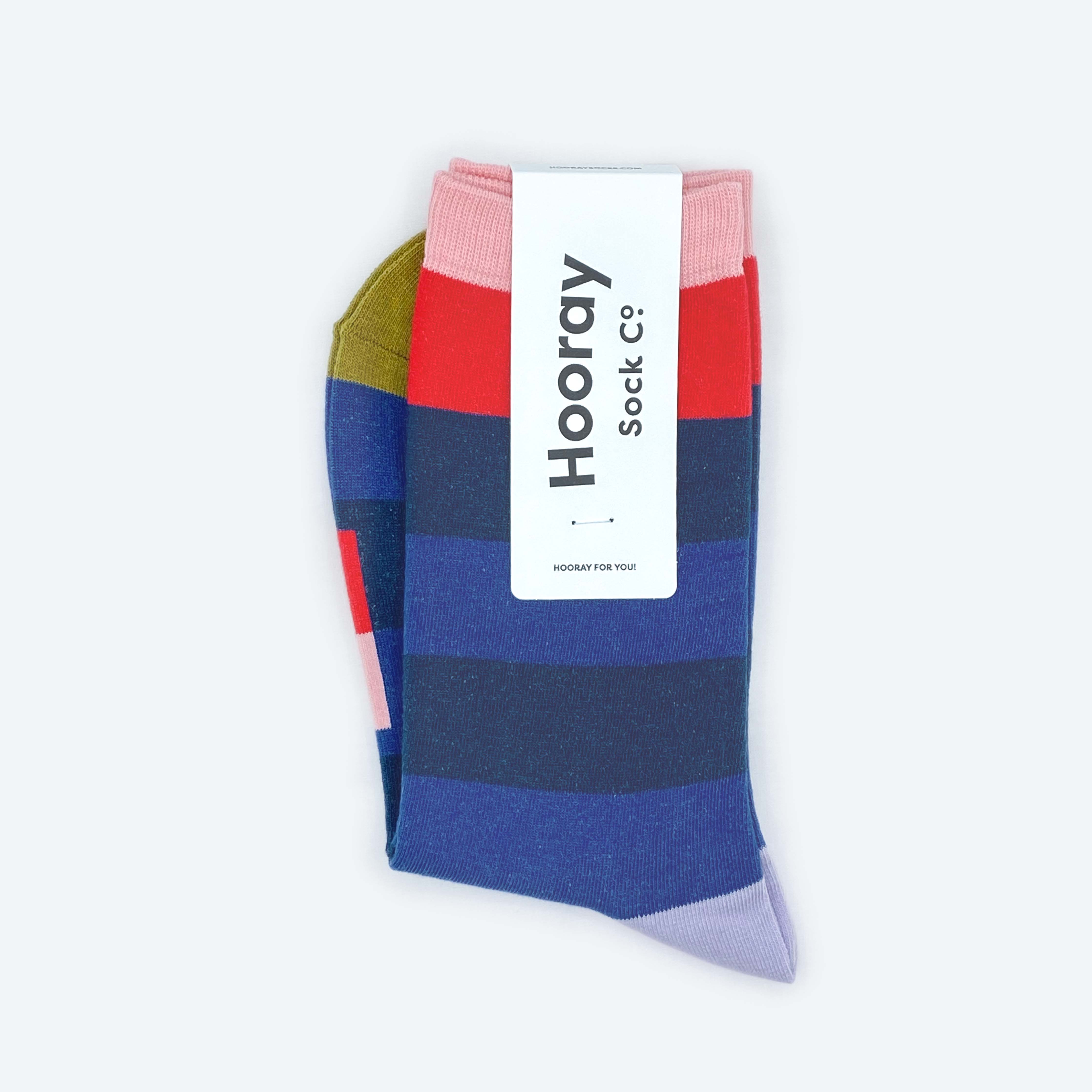 Hooray Sock Co.&#39;s Fillmore Crew Socks: Lightweight &amp; Comfy. Bold blue stripes &amp; signature bars. Crew-length. 80% cotton, 20% spandex. Unisex. Made in South Korea. Large (Men&#39;s 8-12) Small (Women&#39;s 4-10).