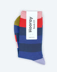 Hooray Sock Co.'s Fillmore Crew Socks: Lightweight & Comfy. Bold blue stripes & signature bars. Crew-length. 80% cotton, 20% spandex. Unisex. Made in South Korea. Large (Men's 8-12) Small (Women's 4-10).