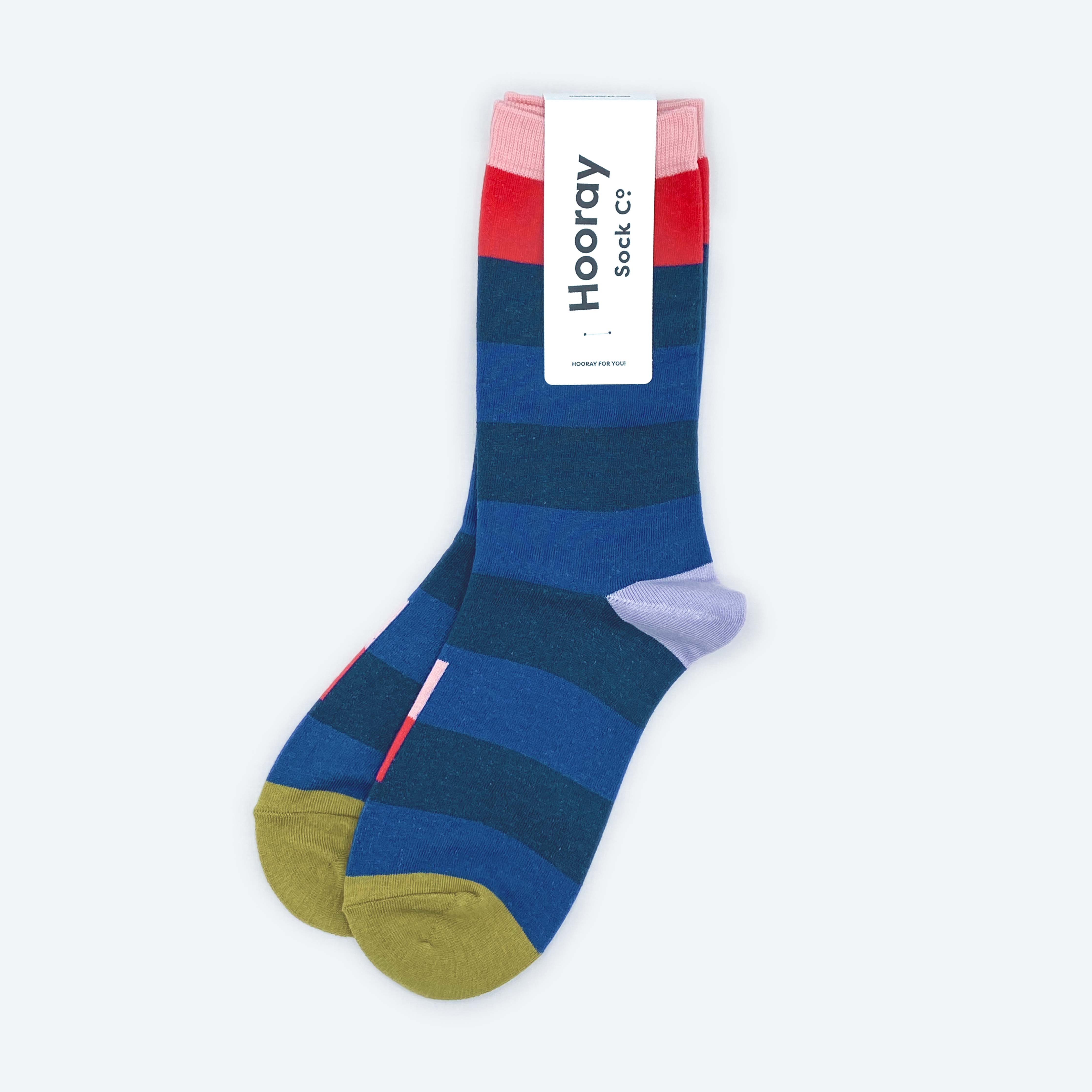 Hooray Sock Co.&#39;s Fillmore Crew Socks: Lightweight &amp; Comfy. Bold blue stripes &amp; signature bars. Crew-length. 80% cotton, 20% spandex. Unisex. Made in South Korea. Large (Men&#39;s 8-12) Small (Women&#39;s 4-10).