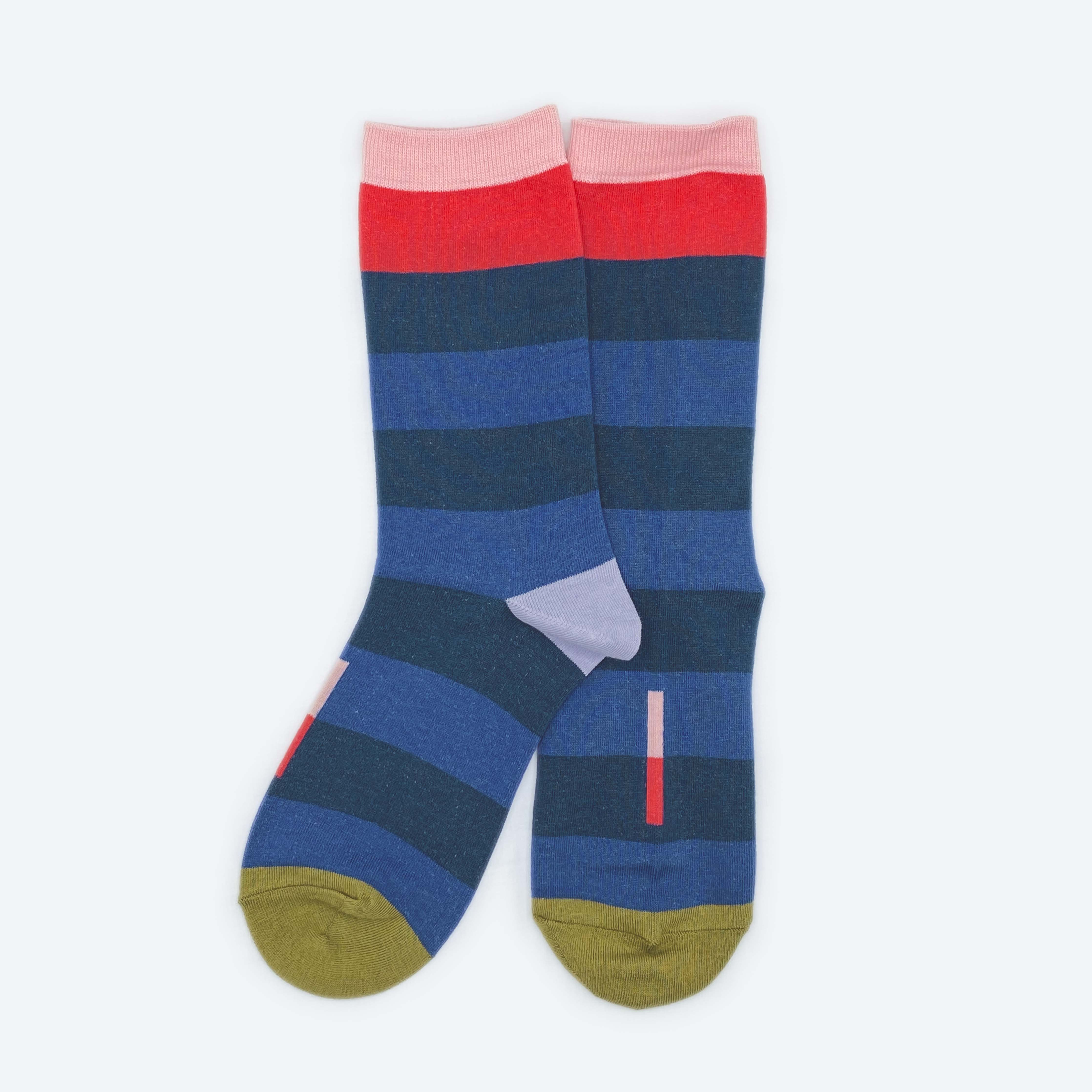 Hooray Sock Co.'s Fillmore Crew Socks: Lightweight & Comfy. Bold blue stripes & signature bars. Crew-length. 80% cotton, 20% spandex. Unisex. Made in South Korea. Large (Men's 8-12) Small (Women's 4-10).