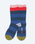Hooray Sock Co.'s Fillmore Crew Socks: Lightweight & Comfy. Bold blue stripes & signature bars. Crew-length. 80% cotton, 20% spandex. Unisex. Made in South Korea. Large (Men's 8-12) Small (Women's 4-10).