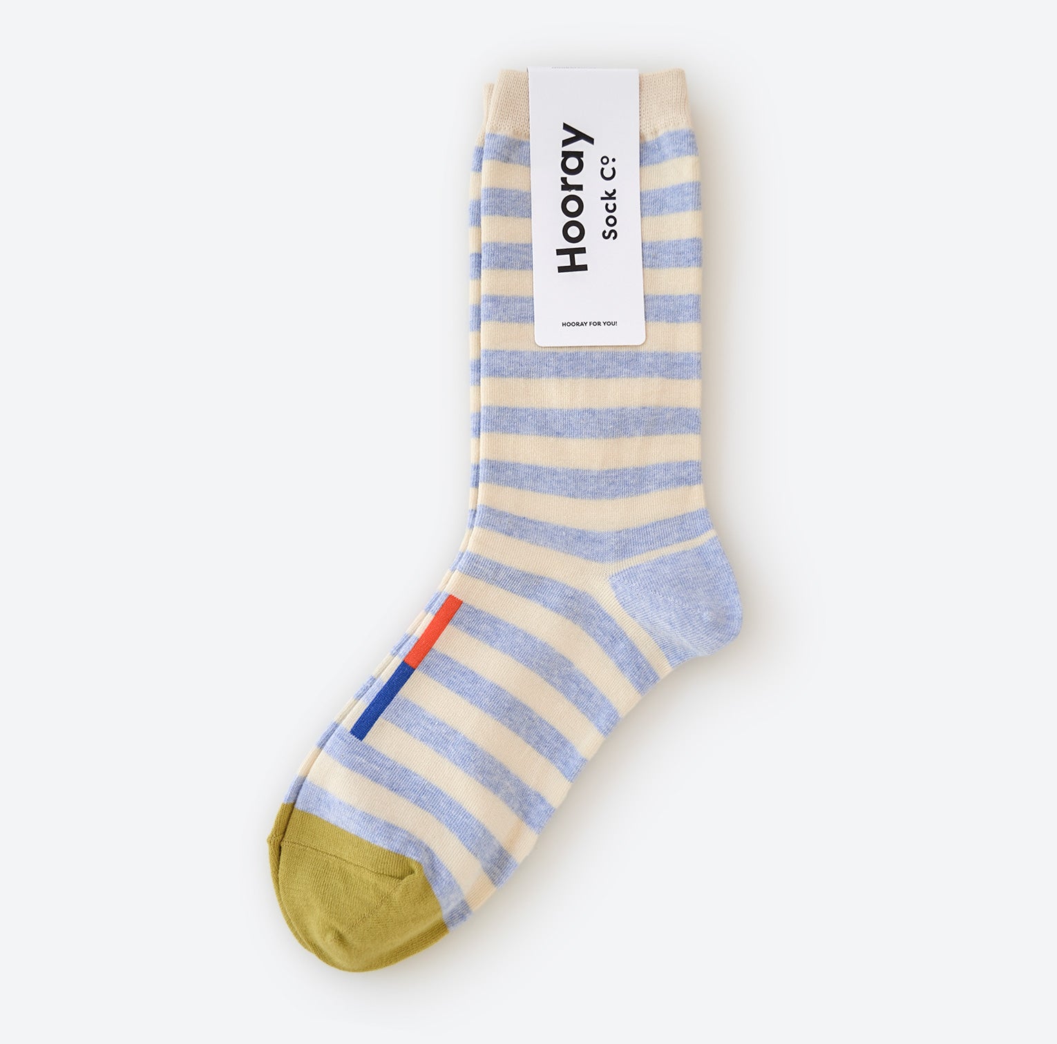 Hooray Sock Co.&#39;s Greenwich Crew Socks: Lightweight, Cozy crew socks. Classic light blue &amp; white stripes. Crew length. 80% cotton, 20% spandex. Made in South Korea. Unisex. Large (Men&#39;s 8-12) Small (Women&#39;s 4-10).