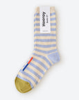 Hooray Sock Co.'s Greenwich Crew Socks: Lightweight, Cozy crew socks. Classic light blue & white stripes. Crew length. 80% cotton, 20% spandex. Made in South Korea. Unisex. Large (Men's 8-12) Small (Women's 4-10).