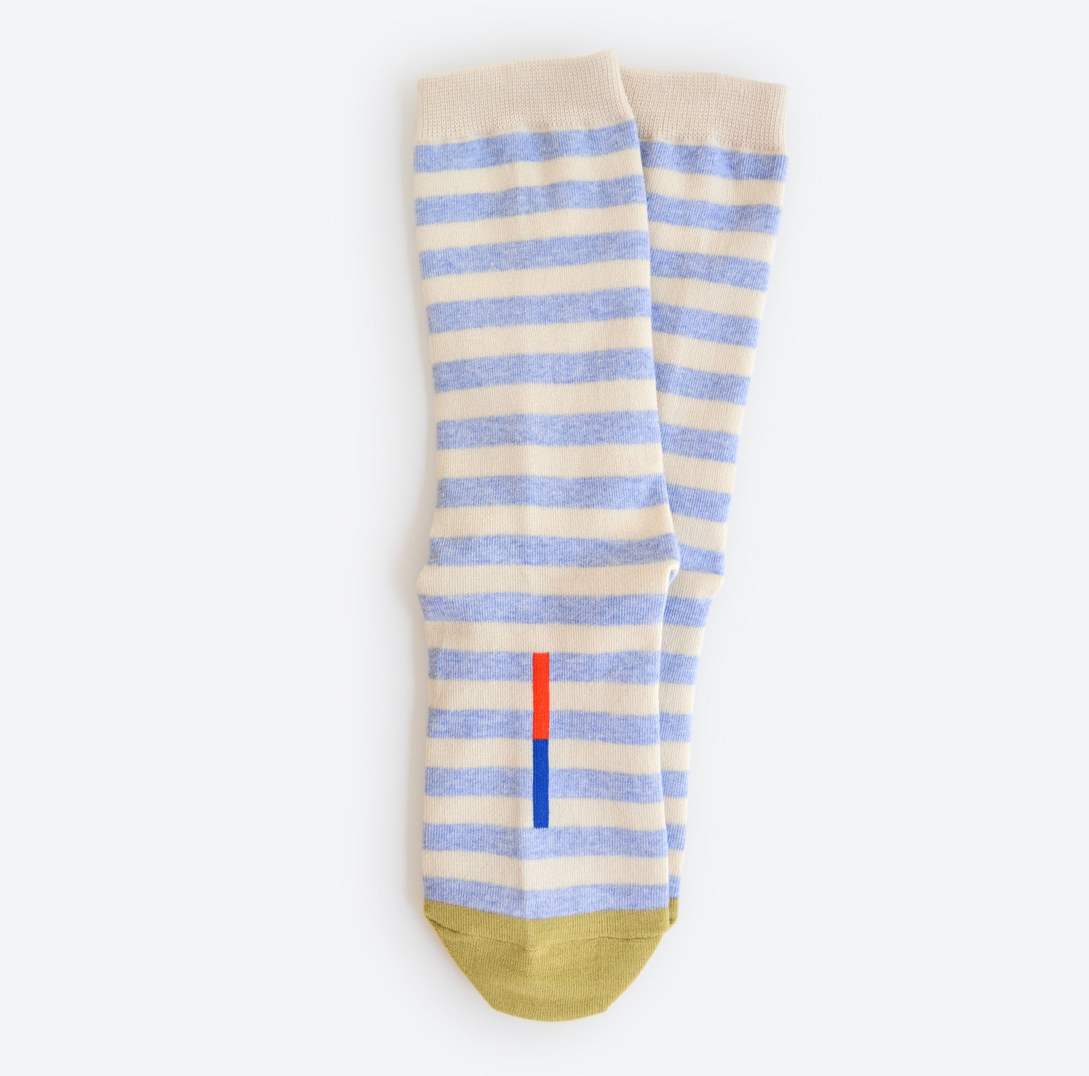 Hooray Sock Co.'s Greenwich Crew Socks: Lightweight, Cozy crew socks. Classic light blue & white stripes. Crew length. 80% cotton, 20% spandex. Made in South Korea. Unisex. Large (Men's 8-12) Small (Women's 4-10).