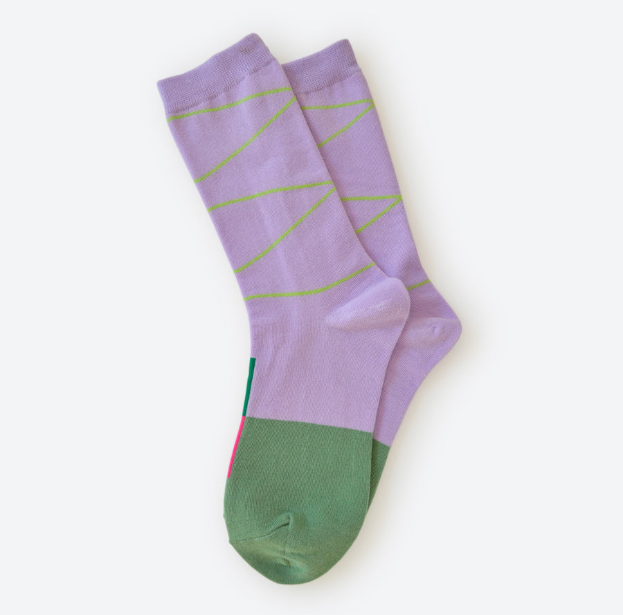 Hooray Sock Co.'s Hyde Crew Socks: Style soaring with vibrant purple and green pop. Luxe comfort, crew length. 80% cotton, 20% spandex. Made in South Korea. Unisex. Small (Women's 4-10).