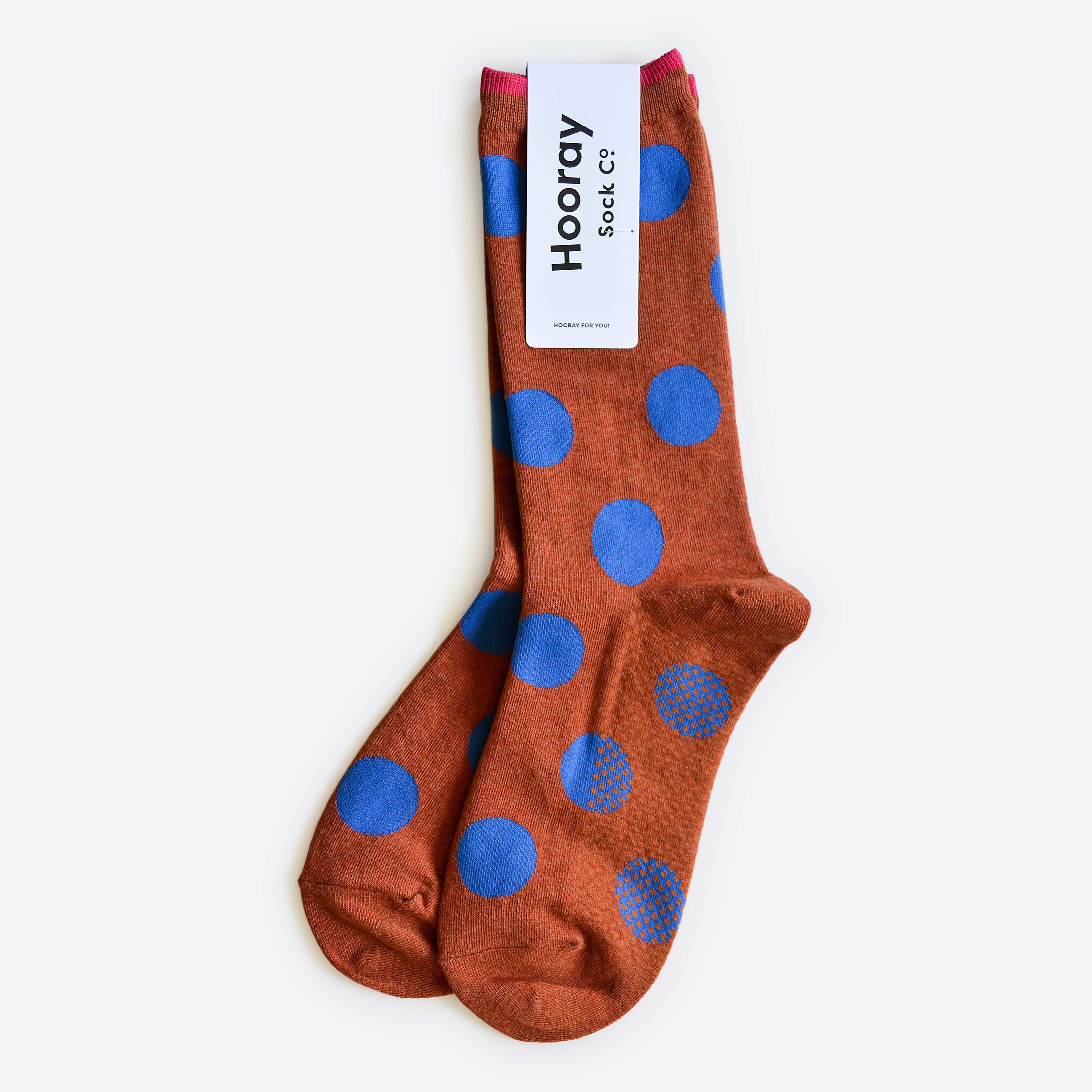 Hooray Sock Co. Panhandle Polka Dot Crew Socks. Fun and sassy crew socks with polka dots. Crew length, 80% cotton, 20% spandex. Sizes: Large (US men’s 8-12), Small (US women's 4-10)