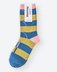 Hooray Sock Co. Polk Blue and Green Stripe Crew Socks. Groovy striped design with big circles. Crew length, 80% cotton, 20% spandex. Sizes: Large (US men’s 8-12), Small (US women's 4-10). 