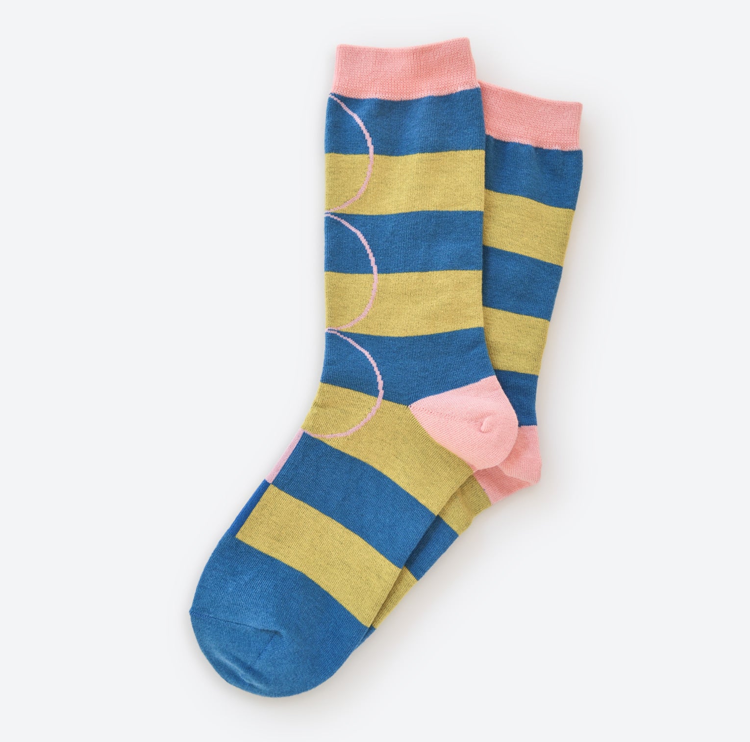 Hooray Sock Co. Polk Blue and Green Stripe Crew Socks. Groovy striped design with big circles. Crew length, 80% cotton, 20% spandex. Sizes: Large (US men’s 8-12), Small (US women's 4-10). 