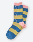 Hooray Sock Co. Polk Blue and Green Stripe Crew Socks. Groovy striped design with big circles. Crew length, 80% cotton, 20% spandex. Sizes: Large (US men’s 8-12), Small (US women's 4-10). 