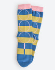 Hooray Sock Co. Polk Blue and Green Stripe Crew Socks. Groovy striped design with big circles. Crew length, 80% cotton, 20% spandex. Sizes: Large (US men’s 8-12), Small (US women's 4-10). 