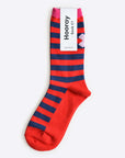 Hooray Sock Co. Taylor Red and Blue Stripe Crew Socks. Bold graphic 'X' on back. Crew length, 80% cotton, 20% spandex. Sizes: Large (US men’s 8-12), Small (US women's 4-10). 