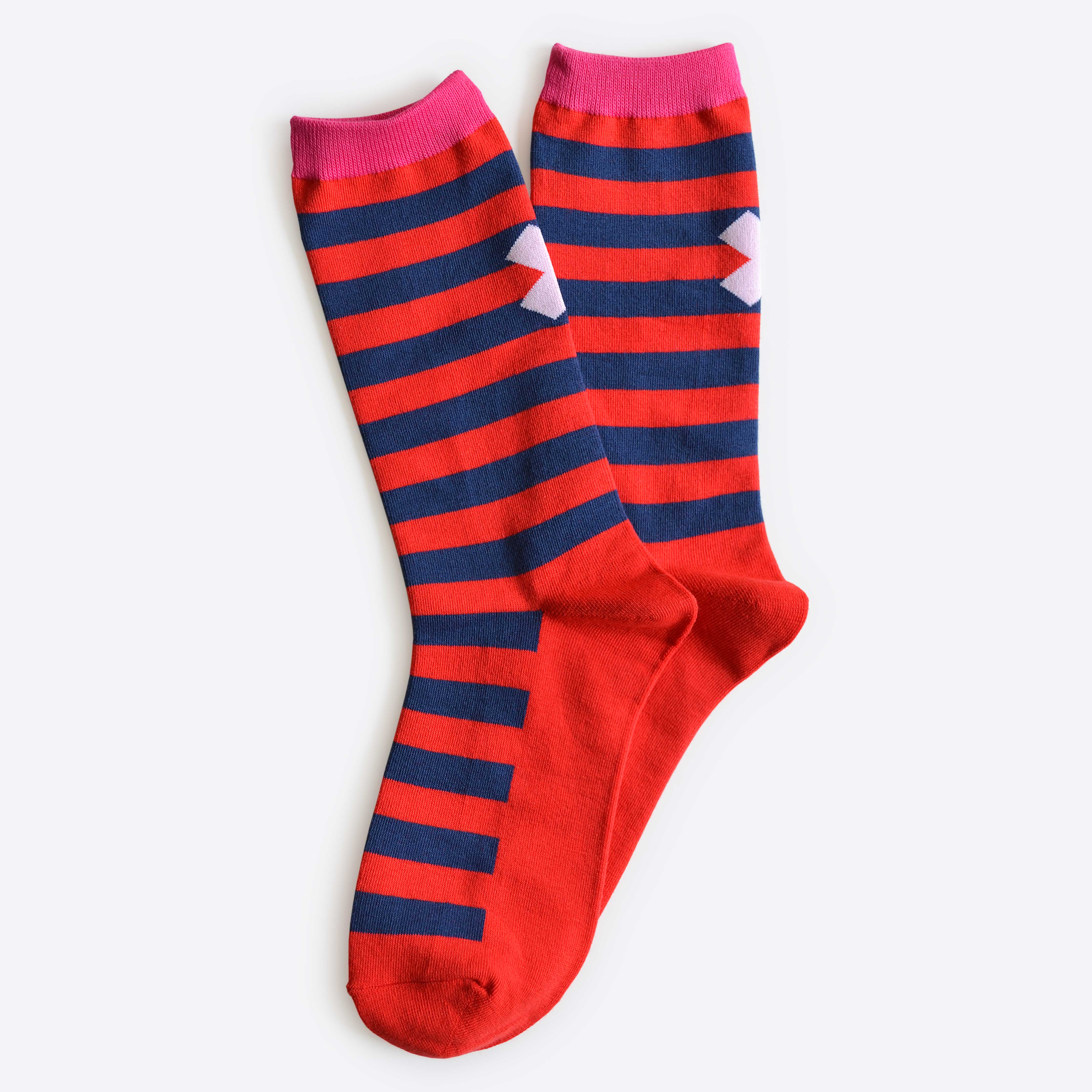 Hooray Sock Co. Taylor Red and Blue Stripe Crew Socks. Bold graphic 'X' on back. Crew length, 80% cotton, 20% spandex. Sizes: Large (US men’s 8-12), Small (US women's 4-10). 