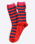 Hooray Sock Co. Taylor Red and Blue Stripe Crew Socks. Bold graphic 'X' on back. Crew length, 80% cotton, 20% spandex. Sizes: Large (US men’s 8-12), Small (US women's 4-10). 