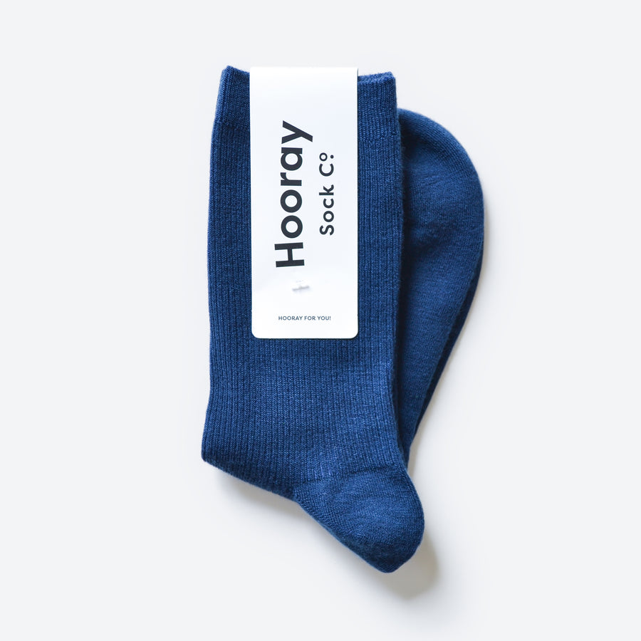 Hooray Sock Co. Ocean Merino Wool Crew Socks. Everyday ease and flair in ocean blue. Crew length, 20% Merino Wool, 35% Spandex, 45% Acrylic. Size: Small (US women’s 4-10)