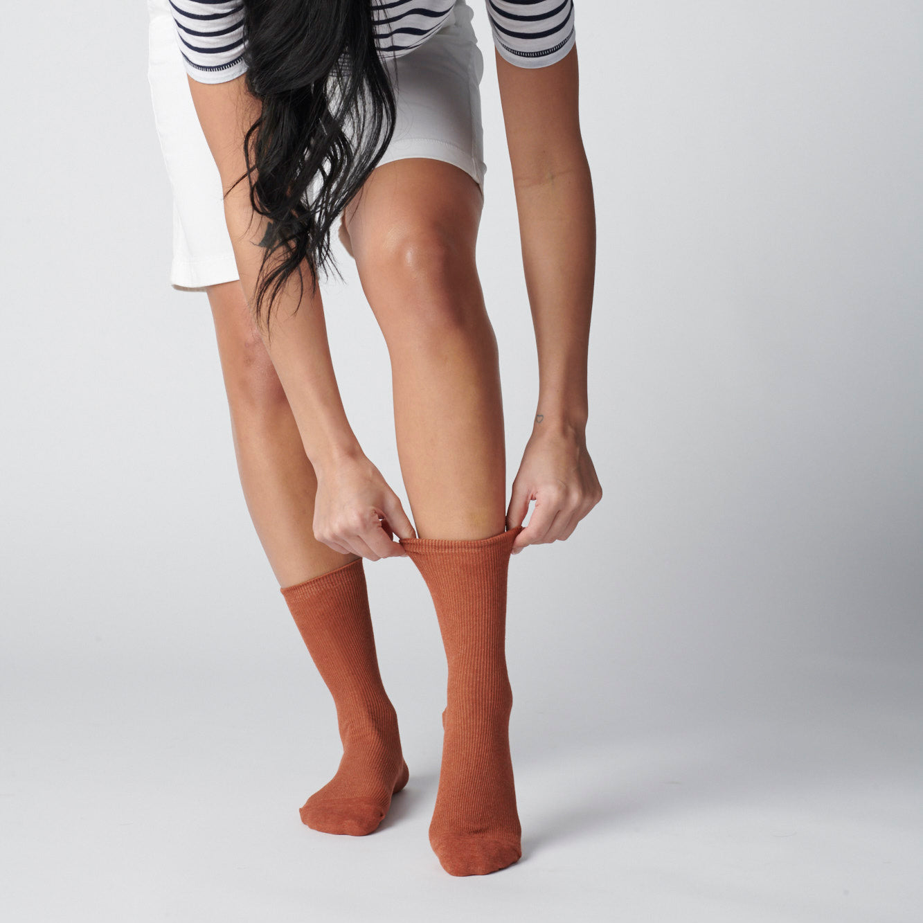 Hooray Sock Co.'s Spice Crew Socks. Everyday comfort and style in Spice Brown. Unisex, shorter crew length. 80% cotton, 20% spandex. Size: Small (Women’s 4-10).