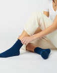 Hooray Sock Co. Ocean Merino Wool Crew Socks. Everyday ease and flair in ocean blue. Crew length, 20% Merino Wool, 35% Spandex, 45% Acrylic. Size: Small (US women’s 4-10)