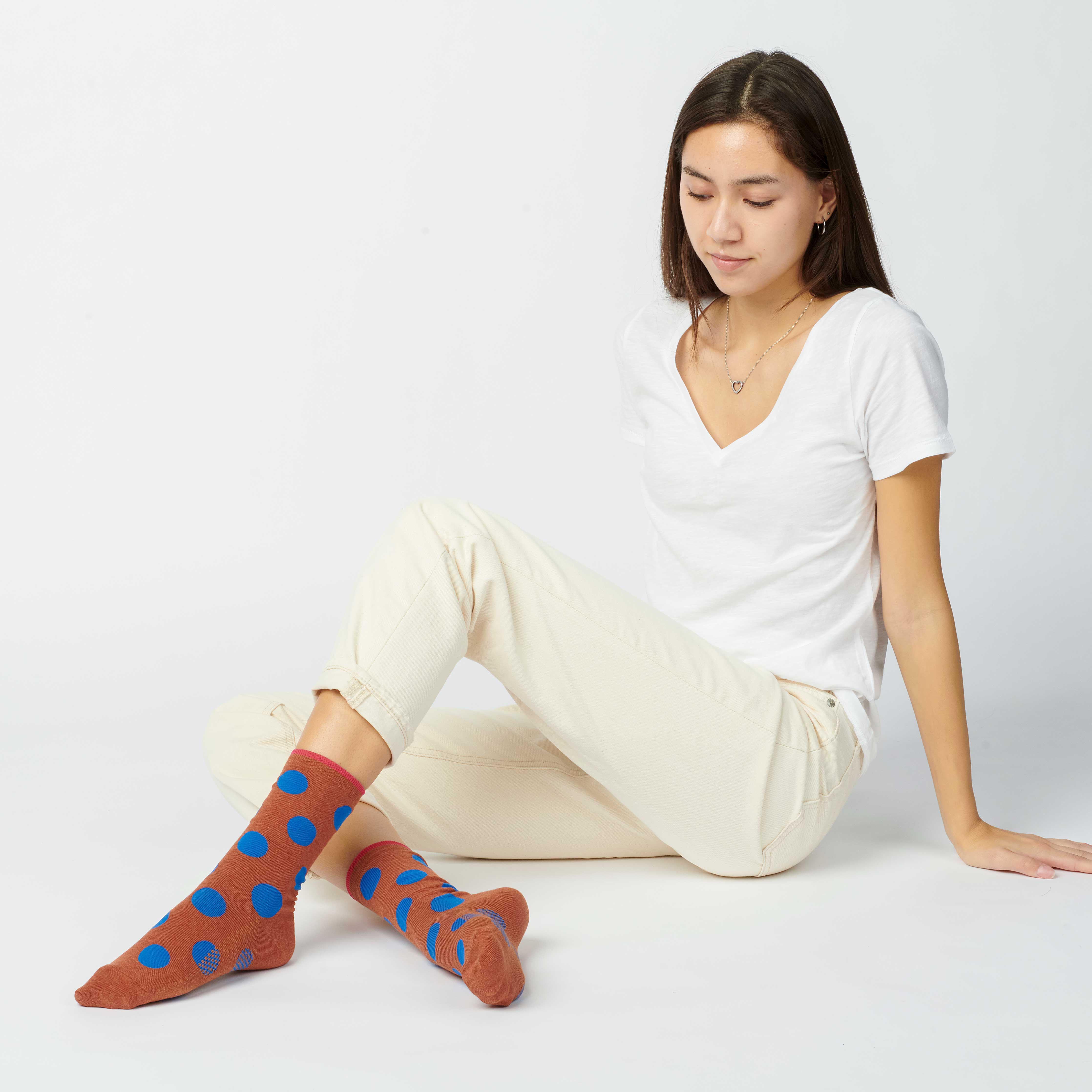 Hooray Sock Co. Panhandle Polka Dot Crew Socks. Fun and sassy crew socks with polka dots. Crew length, 80% cotton, 20% spandex. Sizes: Large (US men’s 8-12), Small (US women's 4-10)