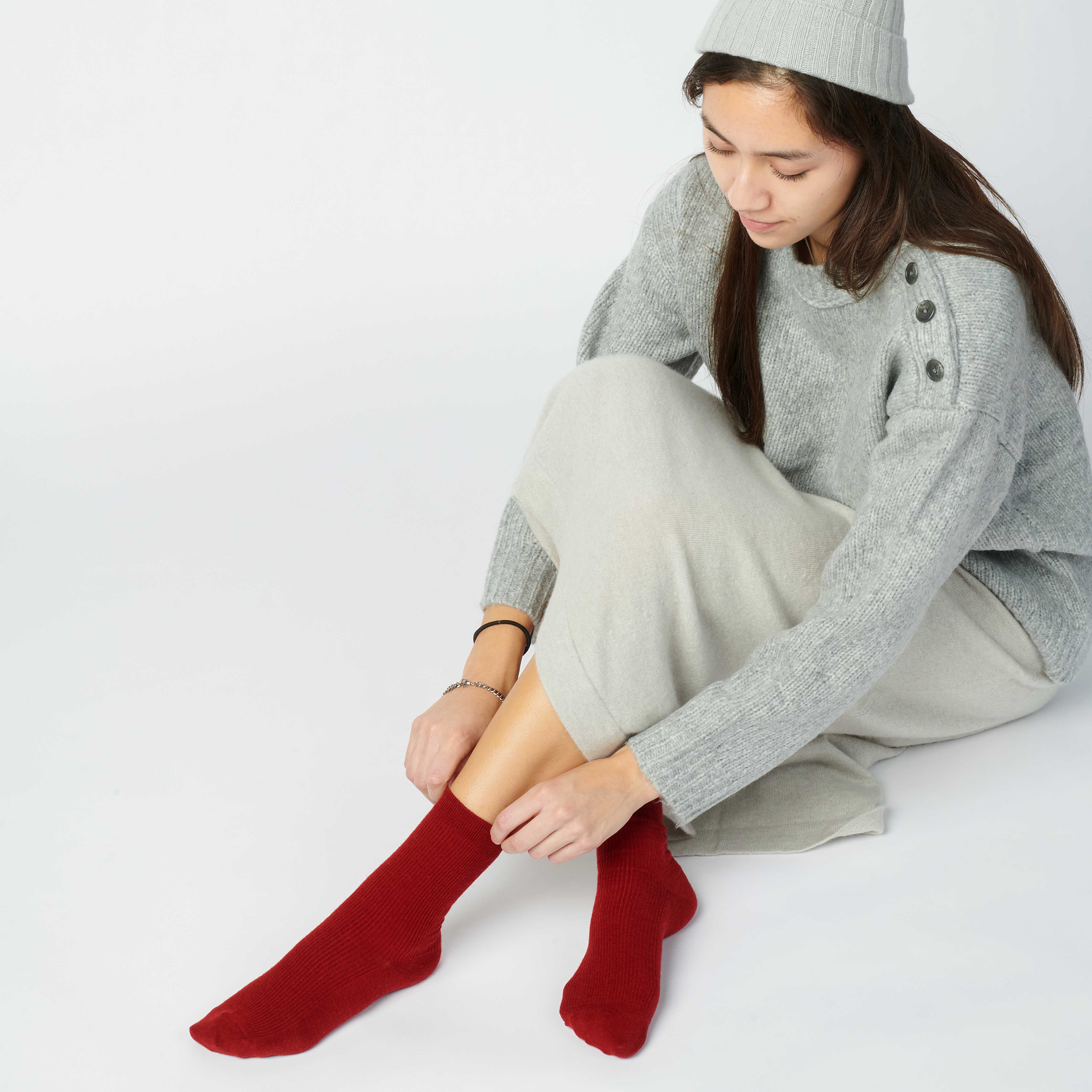 Hooray Sock Co. Monterey Merino Wool Crew Socks. Cozy elegance for any adventure. Short crew in rich red hue. 20% Merino Wool.