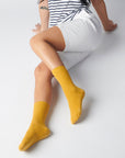 Hooray Sock Co.'s Goldenrod Crew Socks: Everyday Cotton with sunshine-y style. Unisex design, shorter crew length. 80% cotton, 20% spandex. Made in South Korea. Small (Women's 4-10).