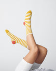 Hooray Sock Co.'s Eureka Crew Socks: Best-selling, Lightweight, Comfy, Golden stripes, Hot red heels. Crew length, 80% cotton, 20% spandex. Made in South Korea. Unisex. 