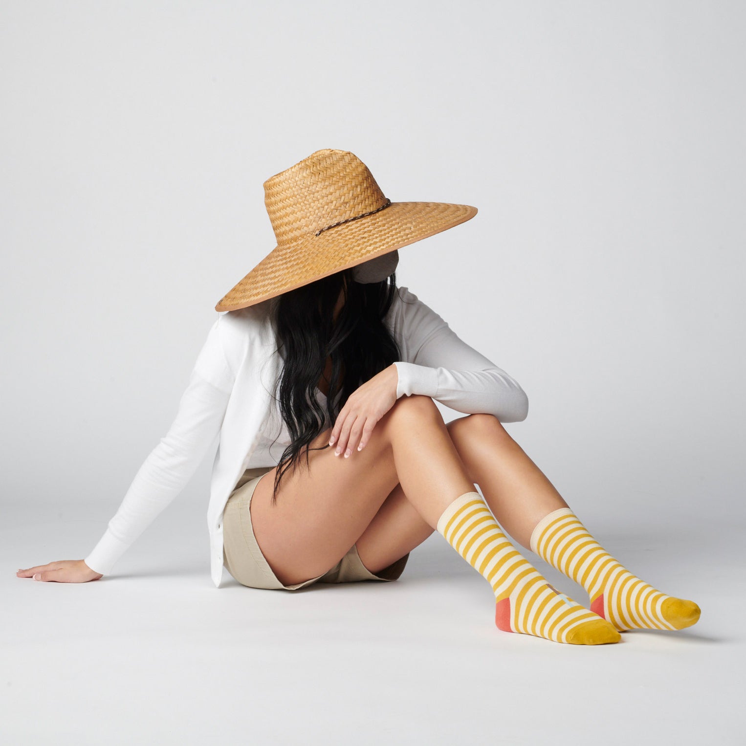 Hooray Sock Co.'s Eureka Crew Socks: Best-selling, Lightweight, Comfy, Golden stripes, Hot red heels. Crew length, 80% cotton, 20% spandex. Made in South Korea. Unisex. 