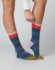 Hooray Sock Co.'s Fillmore Crew Socks: Lightweight & Comfy. Bold blue stripes & signature bars. Crew-length. 80% cotton, 20% spandex. Unisex. Made in South Korea. Large (Men's 8-12) Small (Women's 4-10).